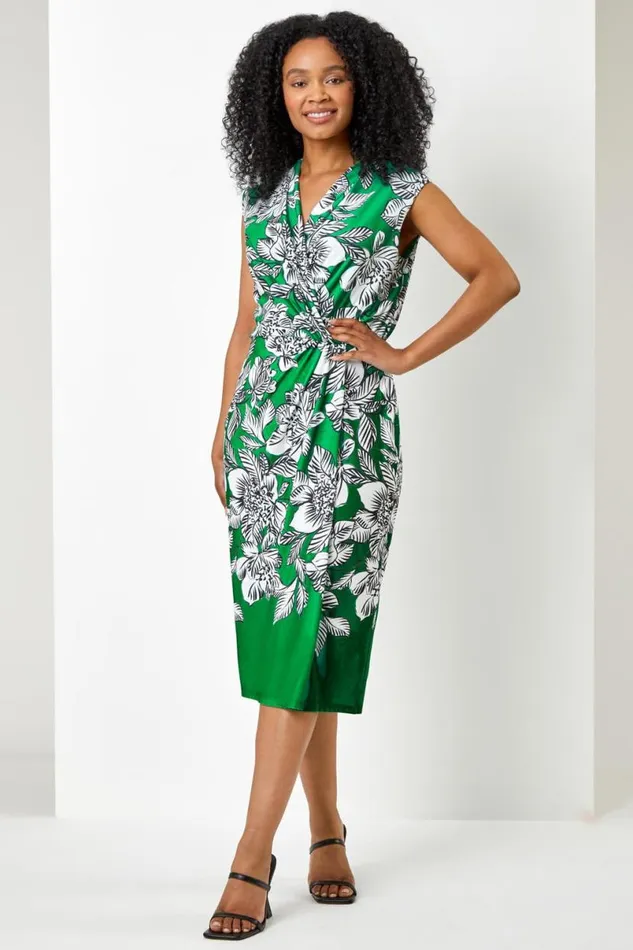 Green Petite Floral Ruched Wrap Dress Women Roman Dresses