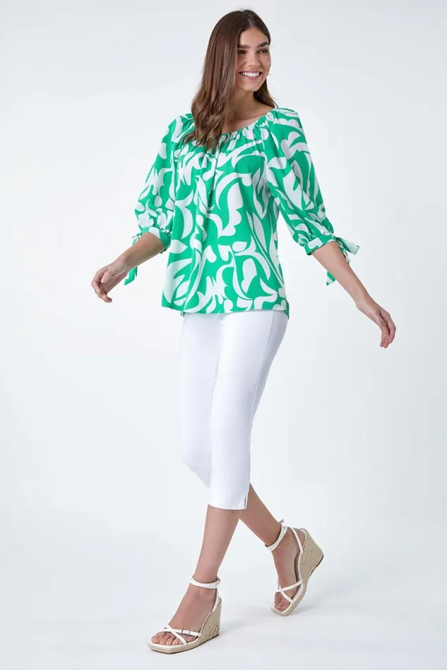 Green Printed Tie Sleeve Bardot Top Women Roman Tops
