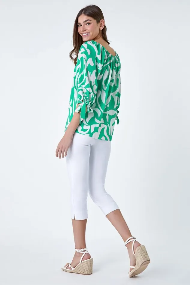 Green Printed Tie Sleeve Bardot Top Women Roman Tops