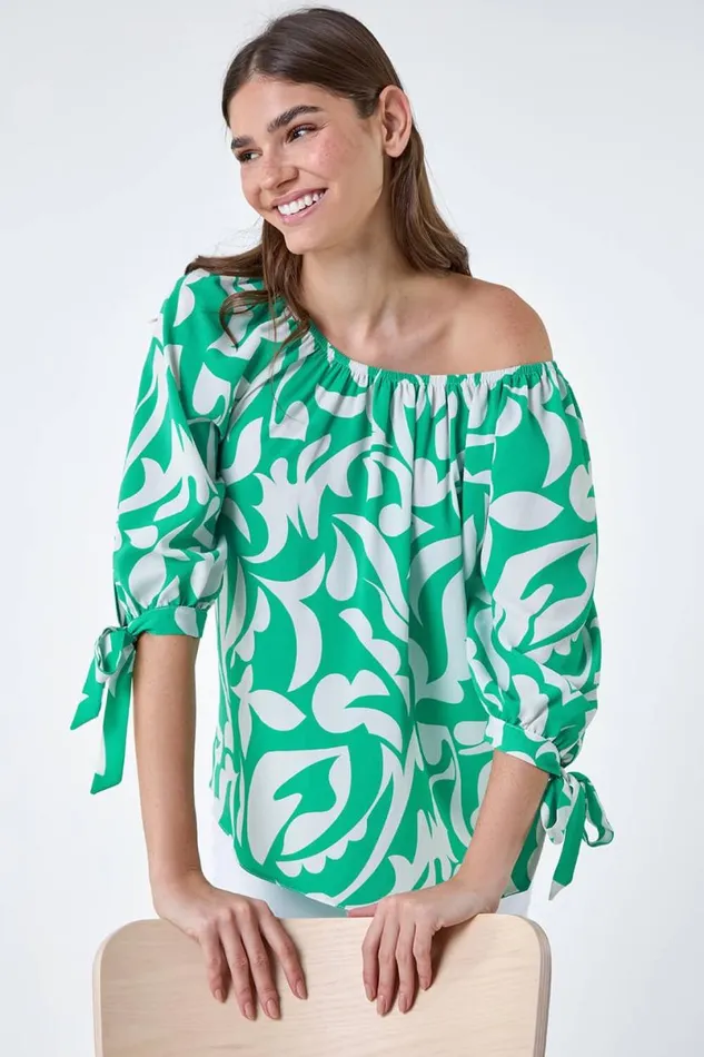 Green Printed Tie Sleeve Bardot Top Women Roman Tops