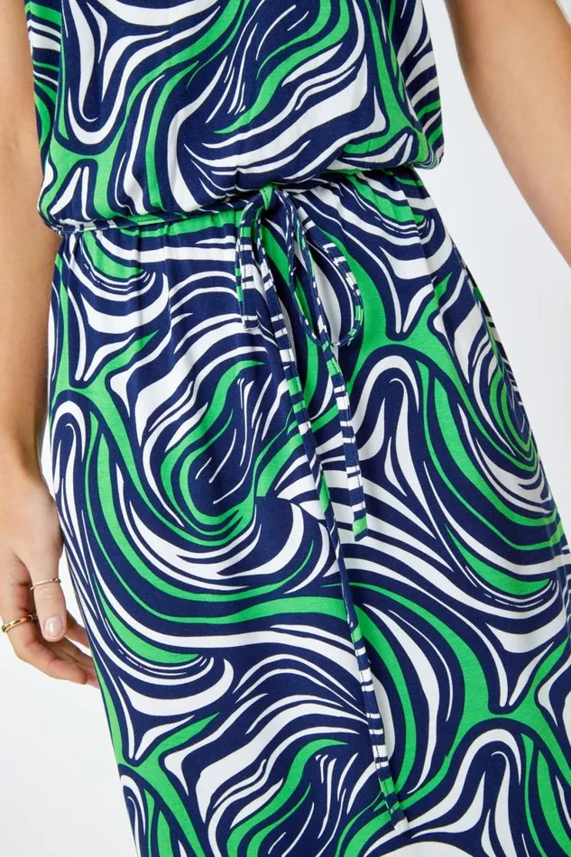 Green Sleeveless Swirl Print Belted Dress Women Roman Dresses