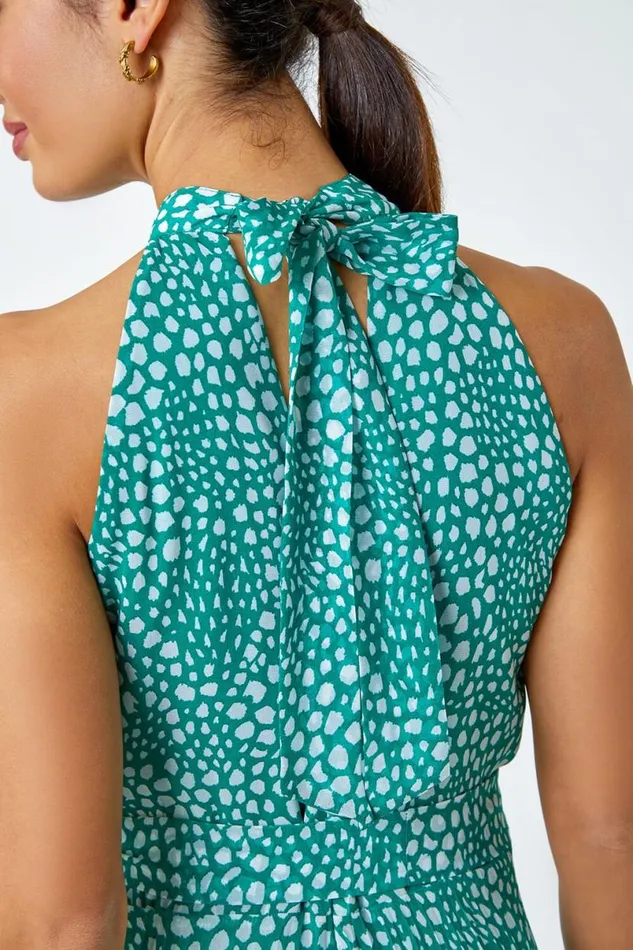 Green Spot Print Halter Neck Midi Dress Women Roman Dresses
