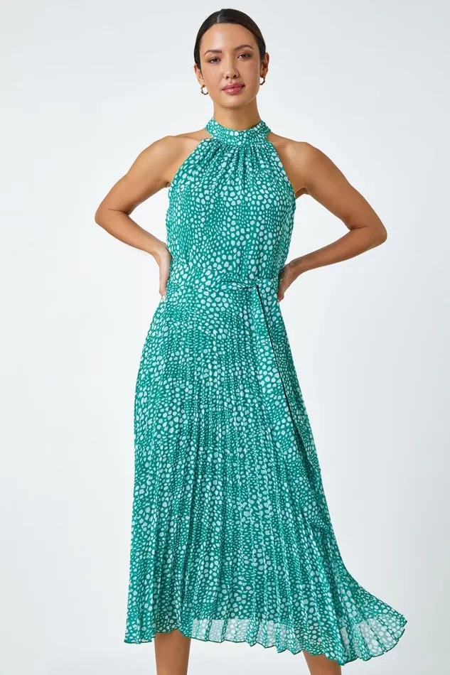 Green Spot Print Halter Neck Midi Dress Women Roman Dresses
