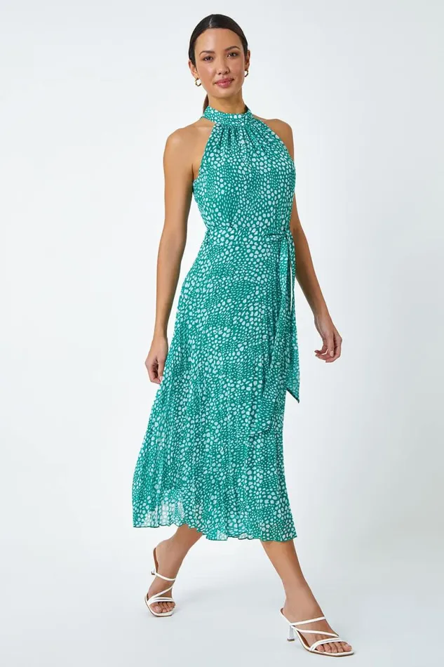 Green Spot Print Halter Neck Midi Dress Women Roman Dresses