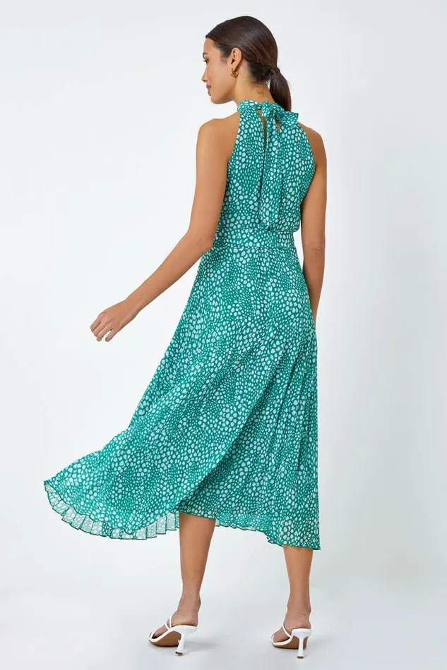 Green Spot Print Halter Neck Midi Dress Women Roman Dresses