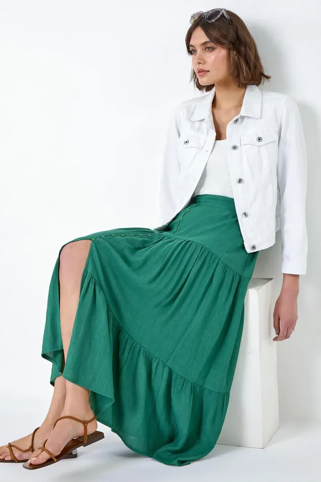 Green Textured Button A Line Tiered Midi Skirt Women Roman Skirts