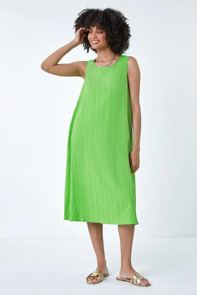 Green Textured Sleeveless Midi Dress Women Roman Dresses