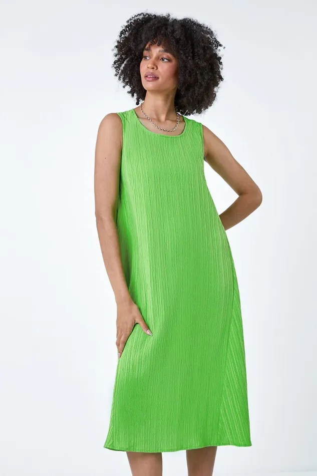 Green Textured Sleeveless Midi Dress Women Roman Dresses