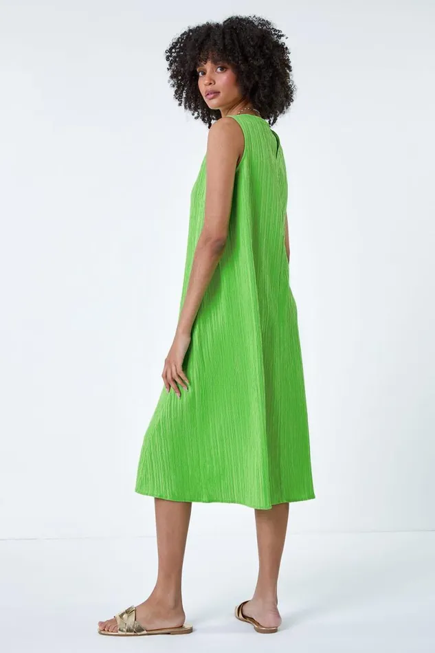 Green Textured Sleeveless Midi Dress Women Roman Dresses