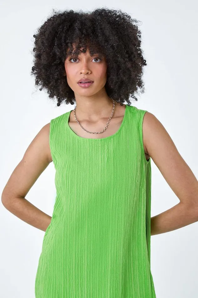Green Textured Sleeveless Midi Dress Women Roman Dresses