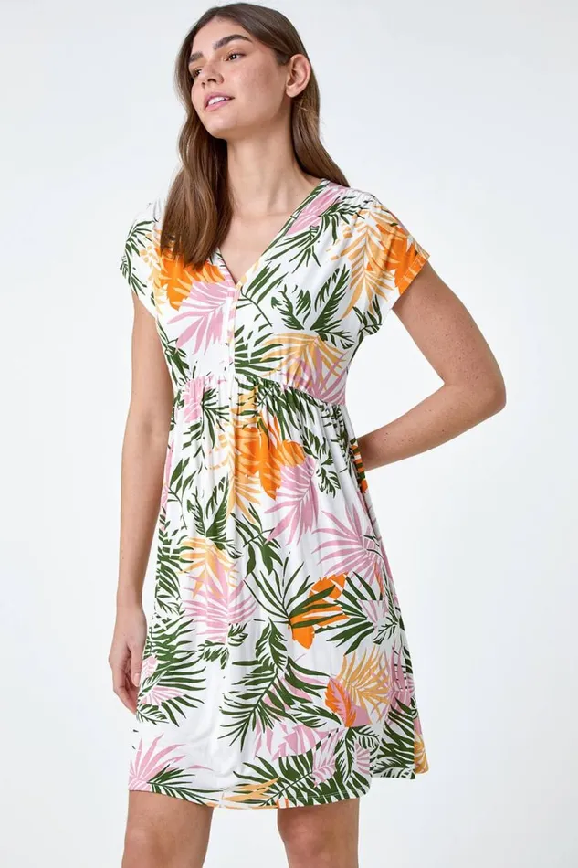 Green Tropical Floral Gathered Stretch Dress Women Roman Dresses