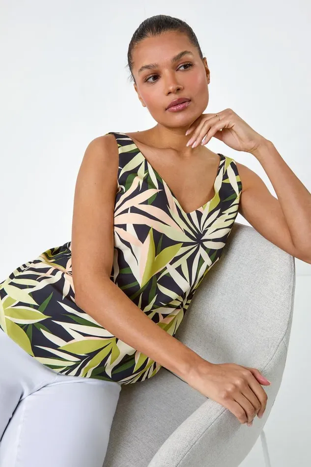 Green Tropical Leaf Print VNeck Cami Top Women Roman Tops