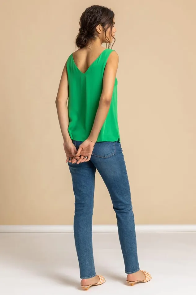 Green VNeck Sleeveless Vest Top Women Roman Tops