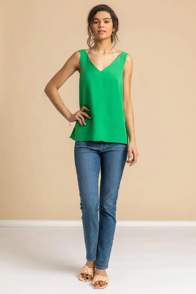 Green VNeck Sleeveless Vest Top Women Roman Tops