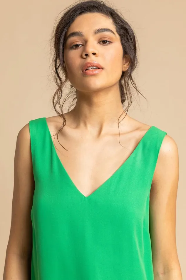 Green VNeck Sleeveless Vest Top Women Roman Tops