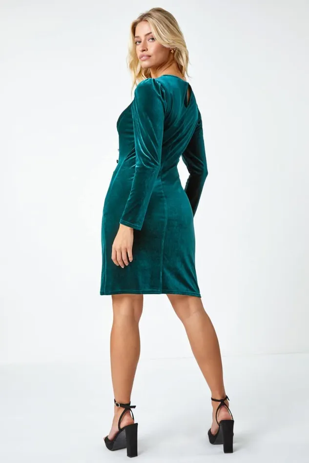 Green Velvet Button Detail Ruched Stretch Dress Women Roman Dresses