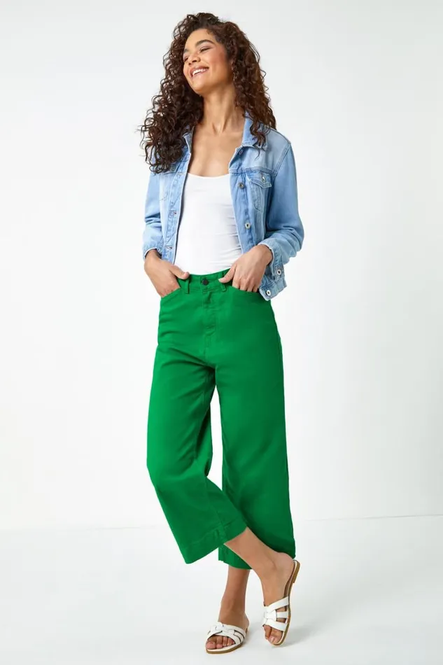 Green Wide Leg Stretch Denim Culotte Women Roman Trousers