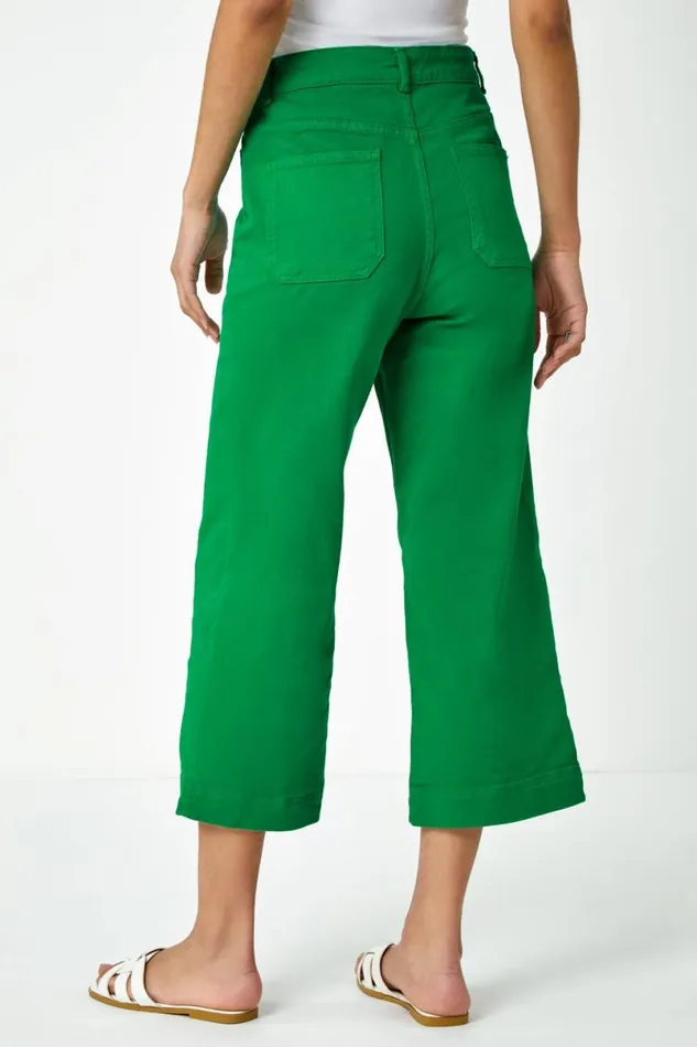 Green Wide Leg Stretch Denim Culotte Women Roman Trousers
