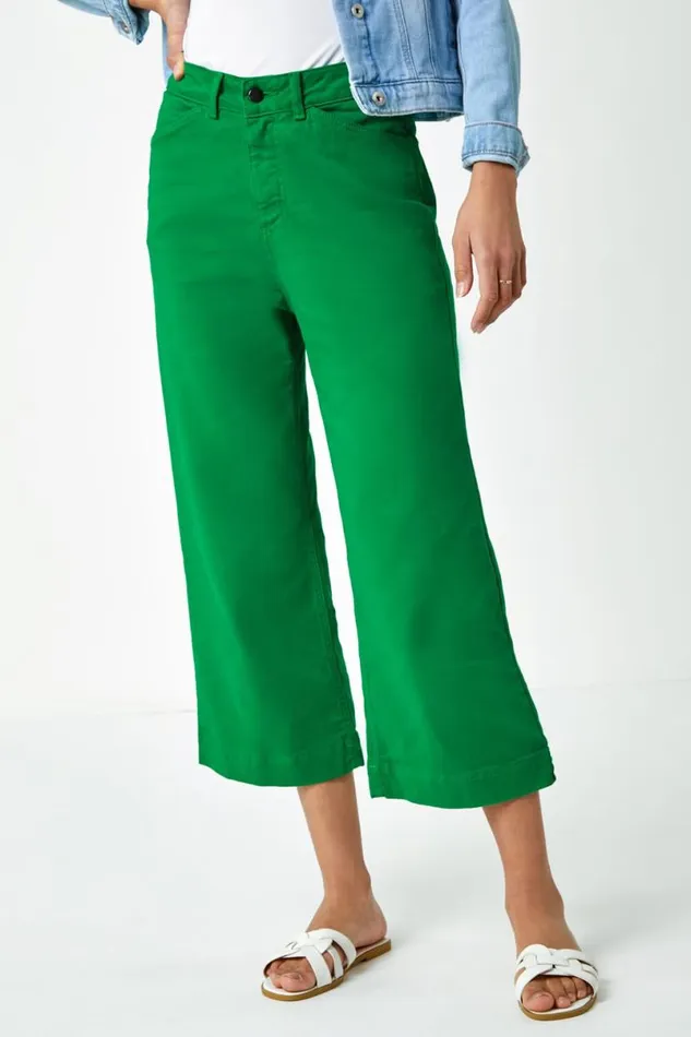 Green Wide Leg Stretch Denim Culotte Women Roman Trousers