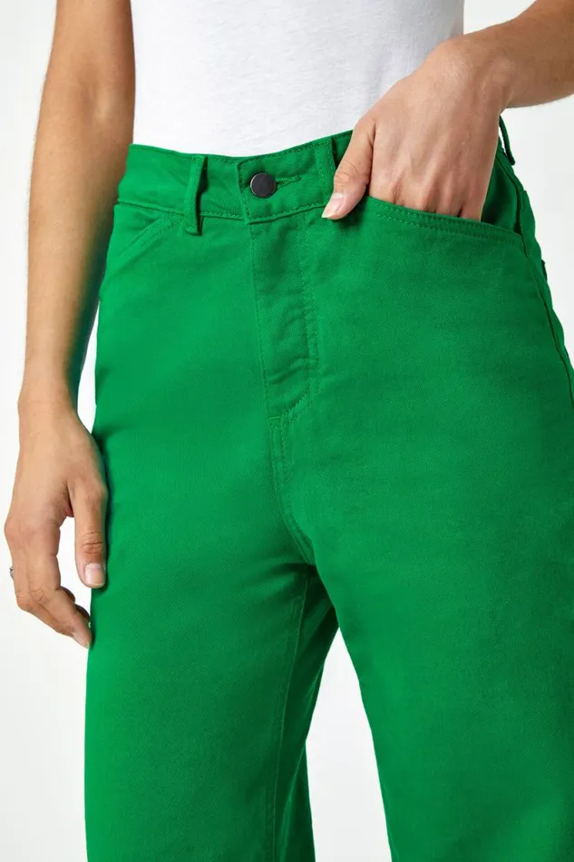 Green Wide Leg Stretch Denim Culotte Women Roman Trousers