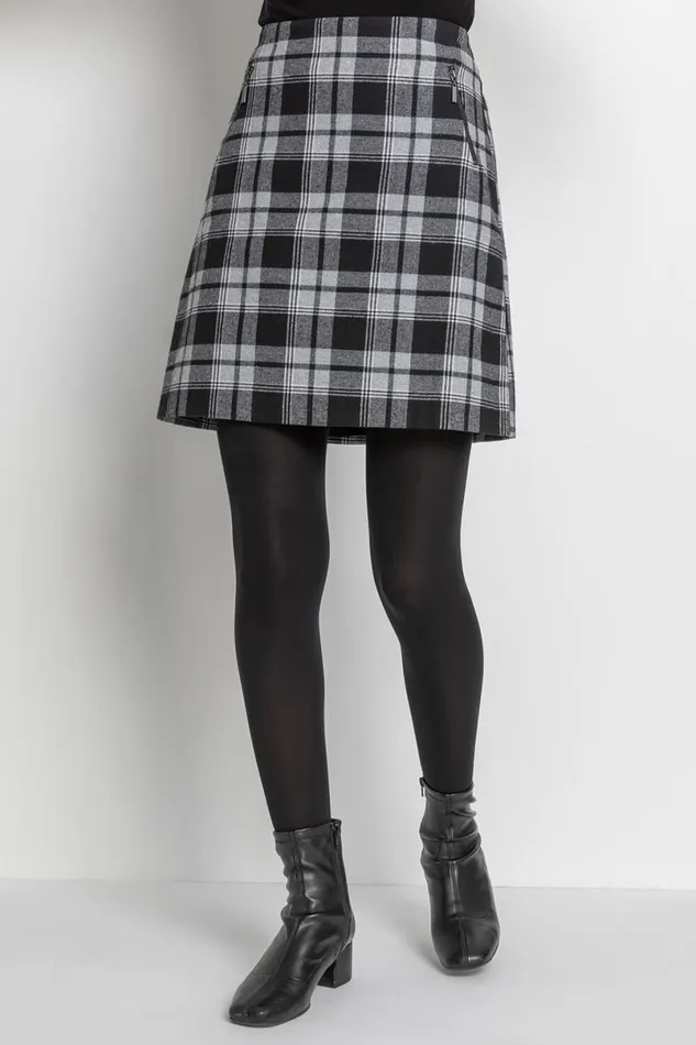 Grey Check Print Zip Pocket Skirt Women Roman Skirts