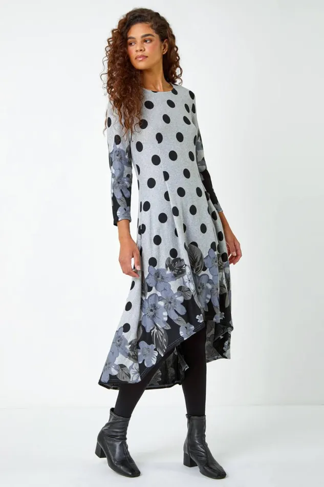 Grey Floral Spot Border Print Stretch Dress Women Roman Dresses
