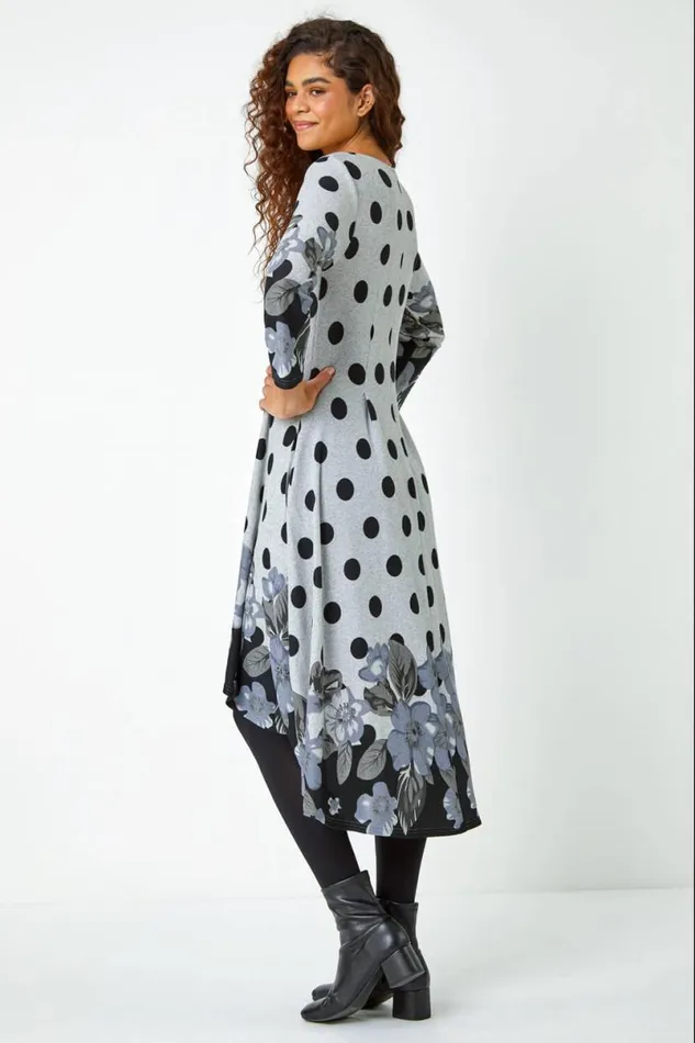 Grey Floral Spot Border Print Stretch Dress Women Roman Dresses