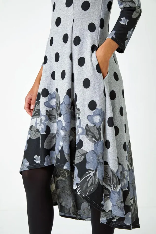 Grey Floral Spot Border Print Stretch Dress Women Roman Dresses