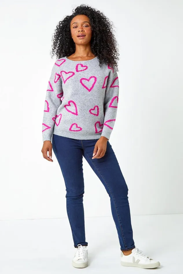 Grey Petite Heart Print Stretch Jumper Women Roman Knitwear