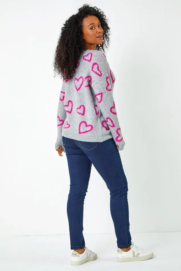 Grey Petite Heart Print Stretch Jumper Women Roman Knitwear