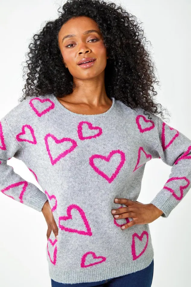 Grey Petite Heart Print Stretch Jumper Women Roman Knitwear