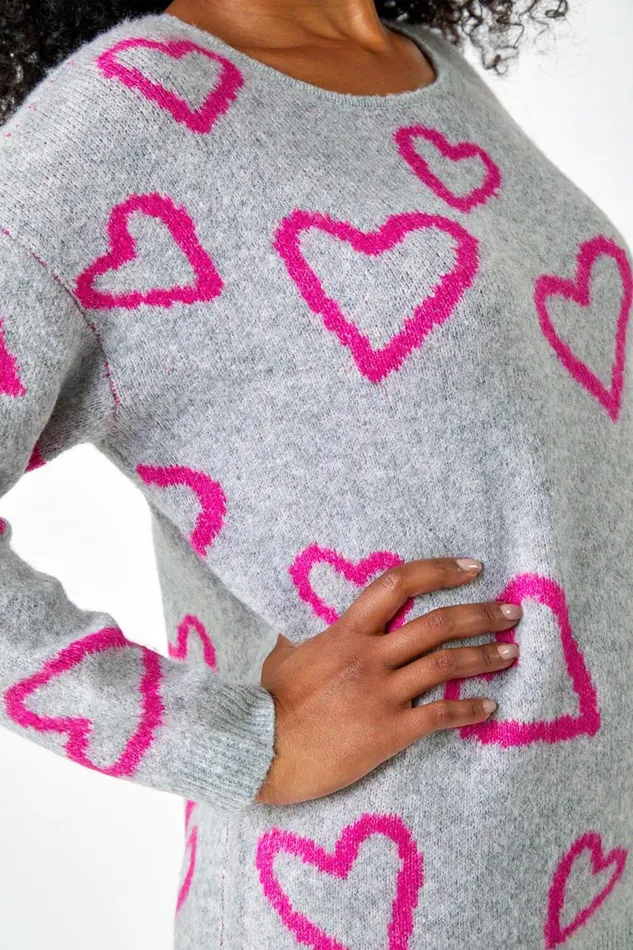 Grey Petite Heart Print Stretch Jumper Women Roman Knitwear