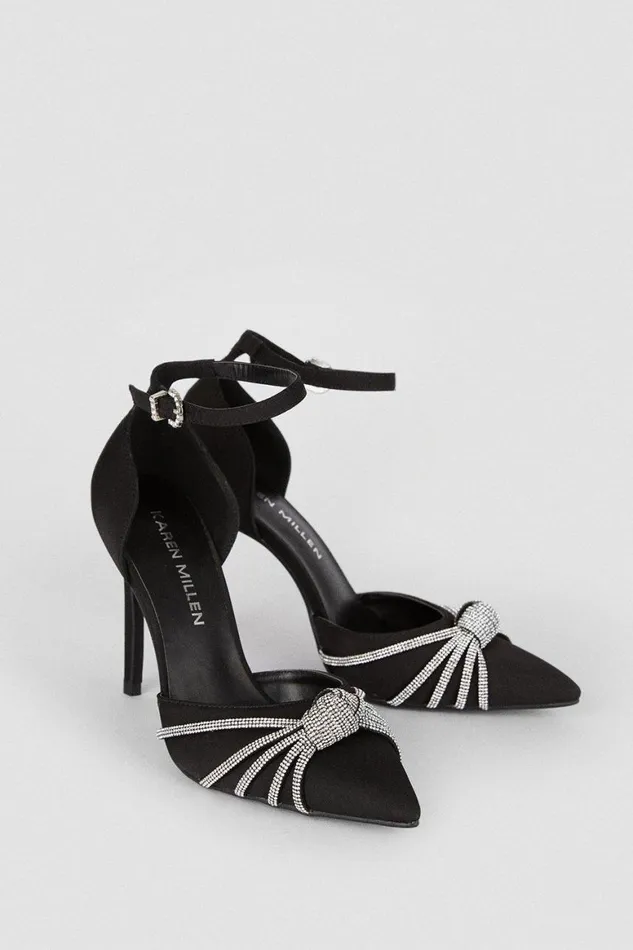 Heels Women Karen Millen Satin Diamante Knot Stiletto Heel Black