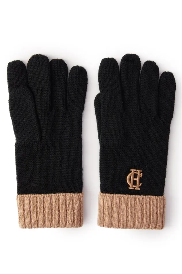 Holland Cooper Chelsea Logo Knitted Gloves Black Tan Women Gloves