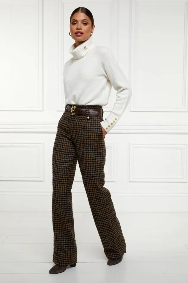 Holland Cooper High Waisted Straight Trouser Chocolate Houndstooth Women Tailoring
