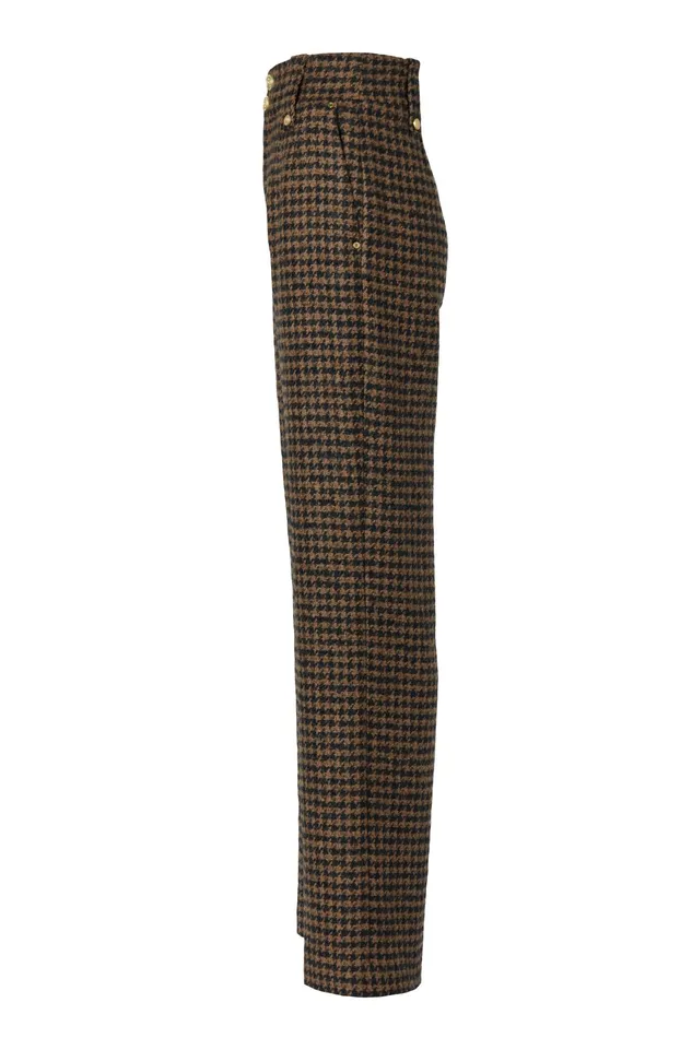 Holland Cooper High Waisted Straight Trouser Chocolate Houndstooth Women Tailoring
