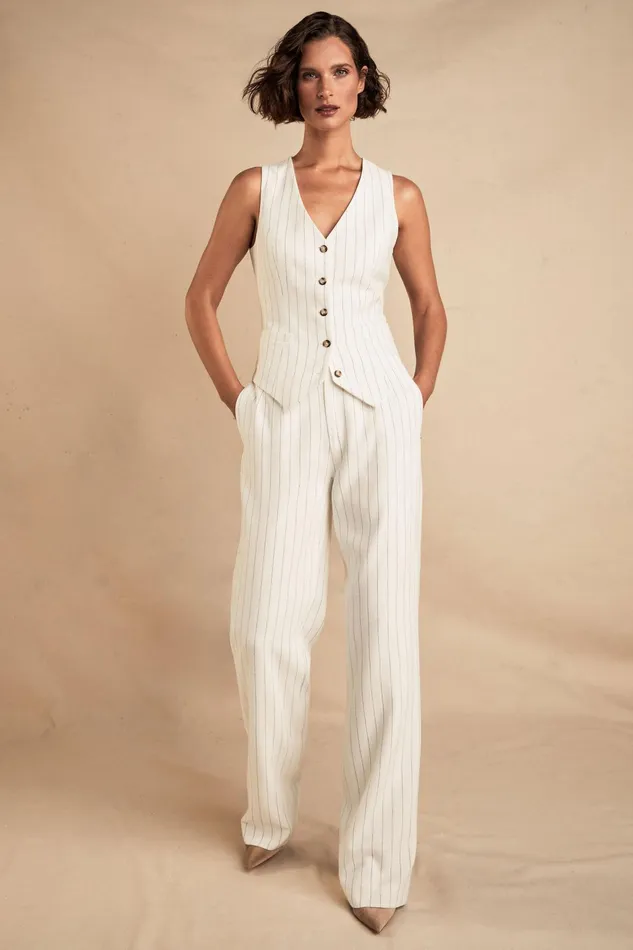 Holland Cooper High Waisted Straight Trouser Oyster Linen Pinstripe Women Tailoring Holland Cooper High Waisted Straight Trouser Oyster Linen Pinstripe Women Tailoring