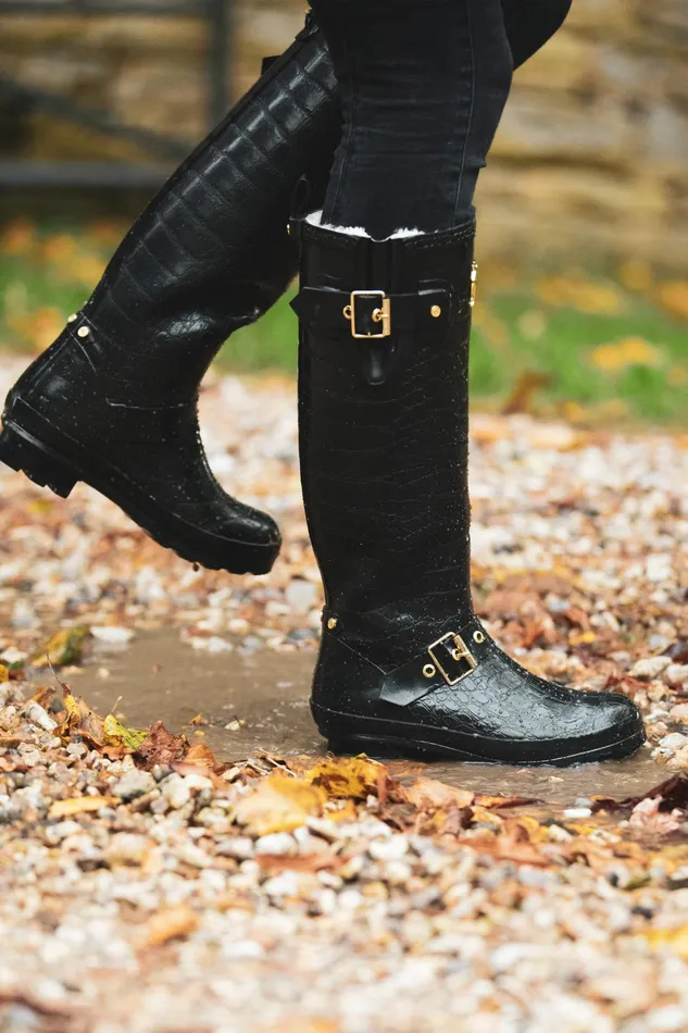 Holland Cooper Sherpa Lined Regency Wellington Black Croc Women Wellington Boots