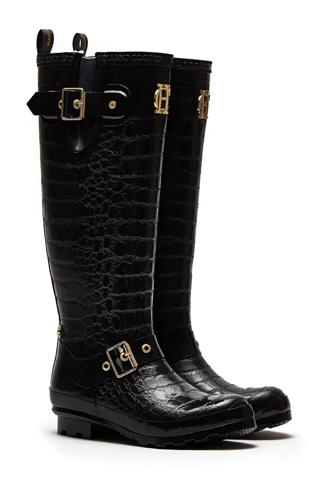 Holland Cooper Sherpa Lined Regency Wellington Black Croc Women Wellington Boots
