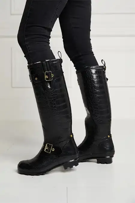 Holland Cooper Sherpa Lined Regency Wellington Black Croc Women Wellington Boots