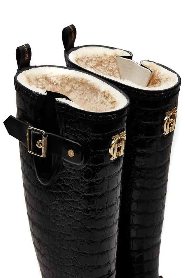 Holland Cooper Sherpa Lined Regency Wellington Black Croc Women Wellington Boots