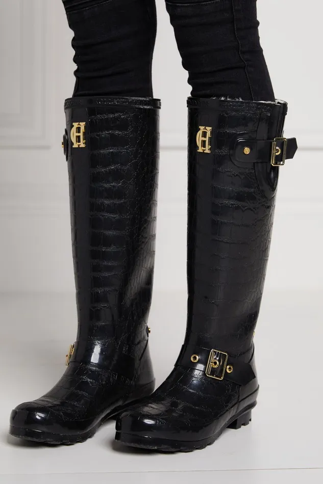 Holland Cooper Sherpa Lined Regency Wellington Black Croc Women Wellington Boots