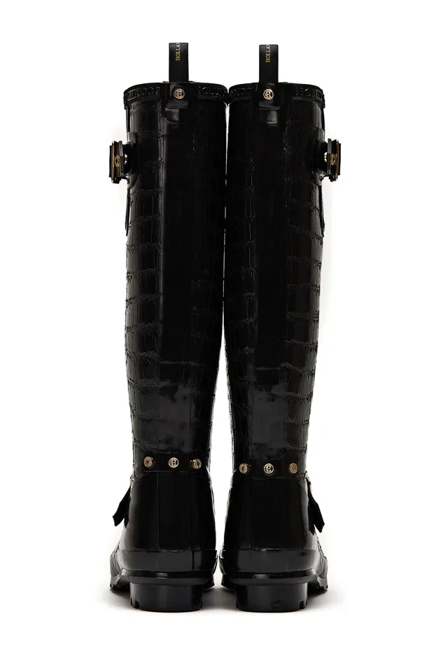 Holland Cooper Sherpa Lined Regency Wellington Black Croc Women Wellington Boots