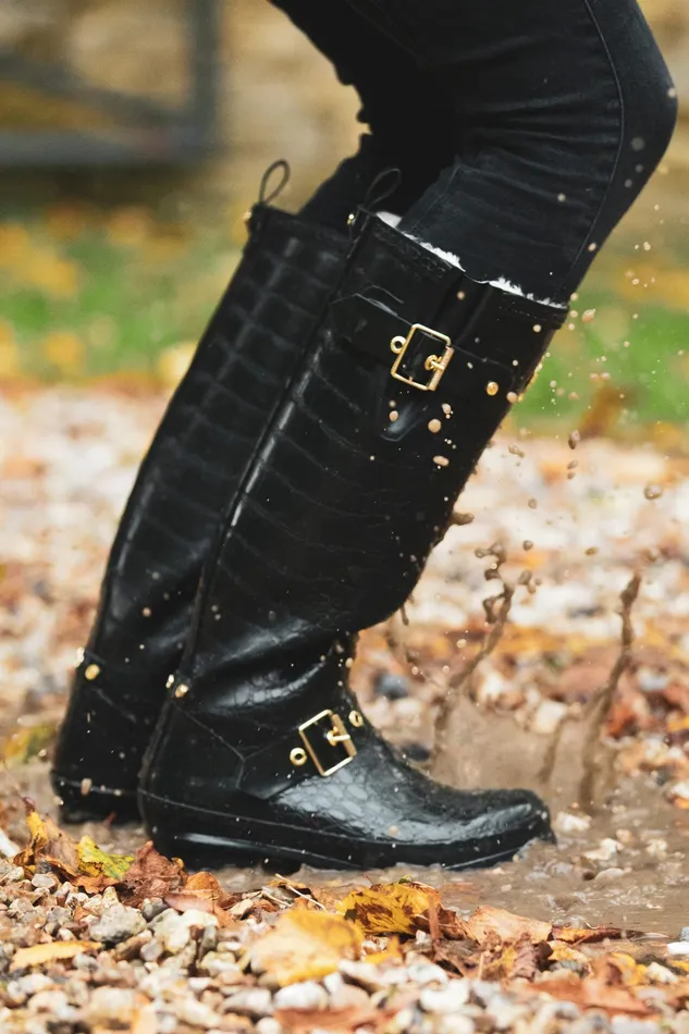 Holland Cooper Sherpa Lined Regency Wellington Black Croc Women Wellington Boots