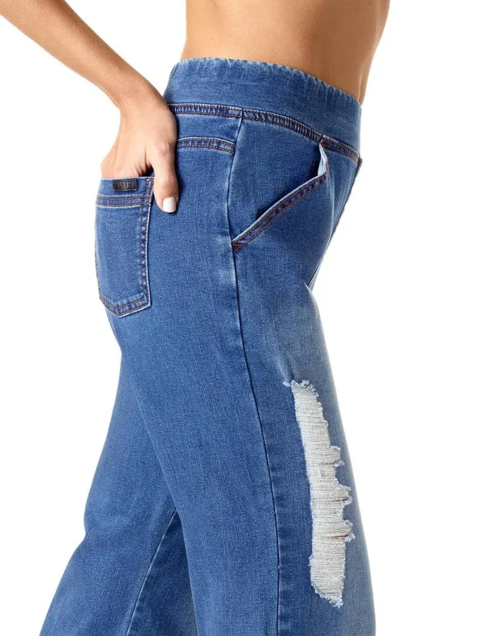 Hue HiRise Ripped Cropped Flare Skimmer Legging Medium Wash Women Flare