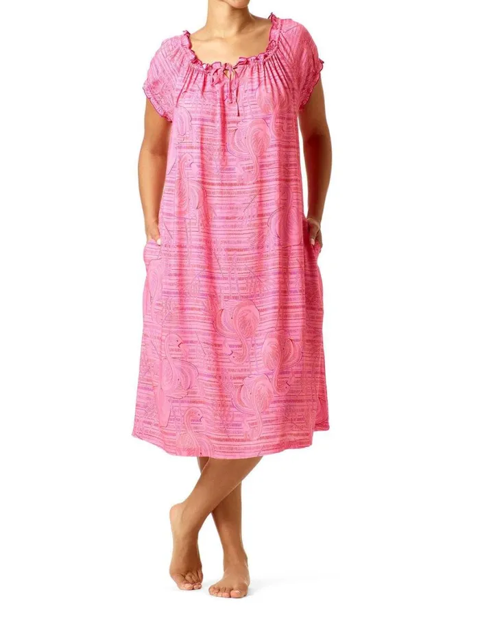 Hue Shirred Lounge Midi Sleepshirt Carmine Rose Women Dresses and Robes