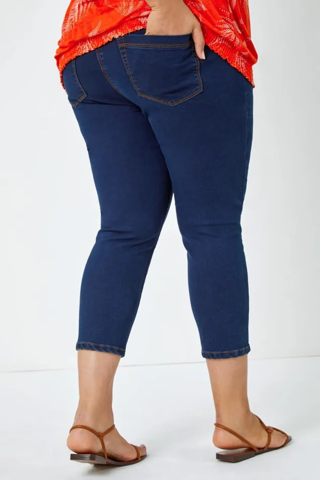 Indigo Curve Elastic Waist Cropped Denim Jeggings Women Roman Trousers