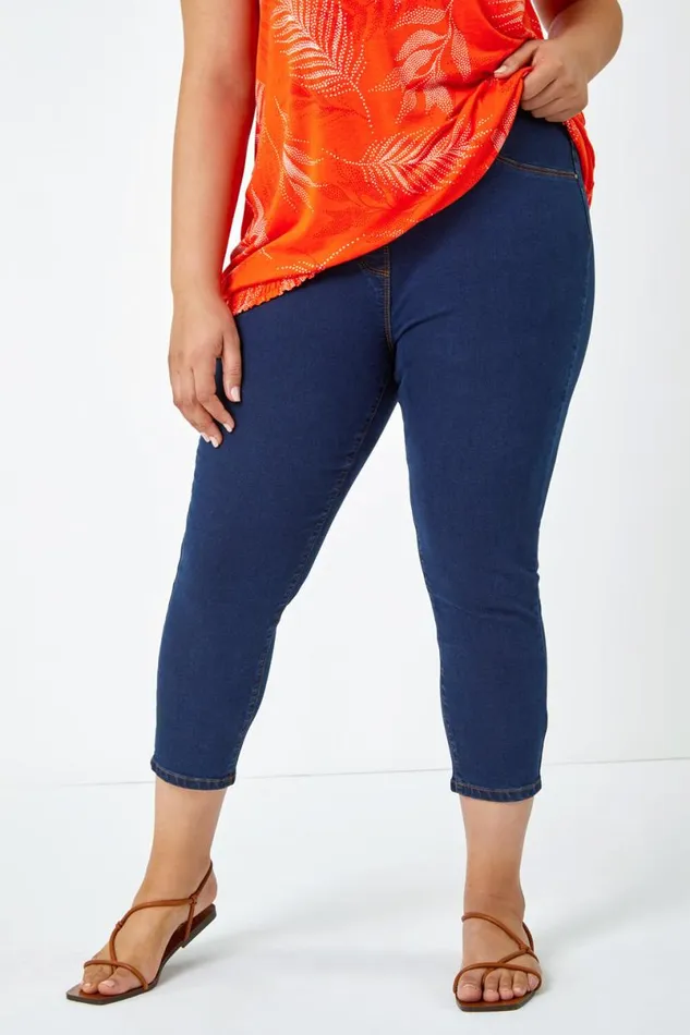 Indigo Curve Elastic Waist Cropped Denim Jeggings Women Roman Trousers