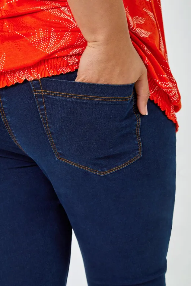 Indigo Curve Elastic Waist Cropped Denim Jeggings Women Roman Trousers