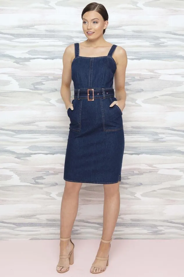 Indigo Denim Belted Dress With Pockets Women Roman Dresses